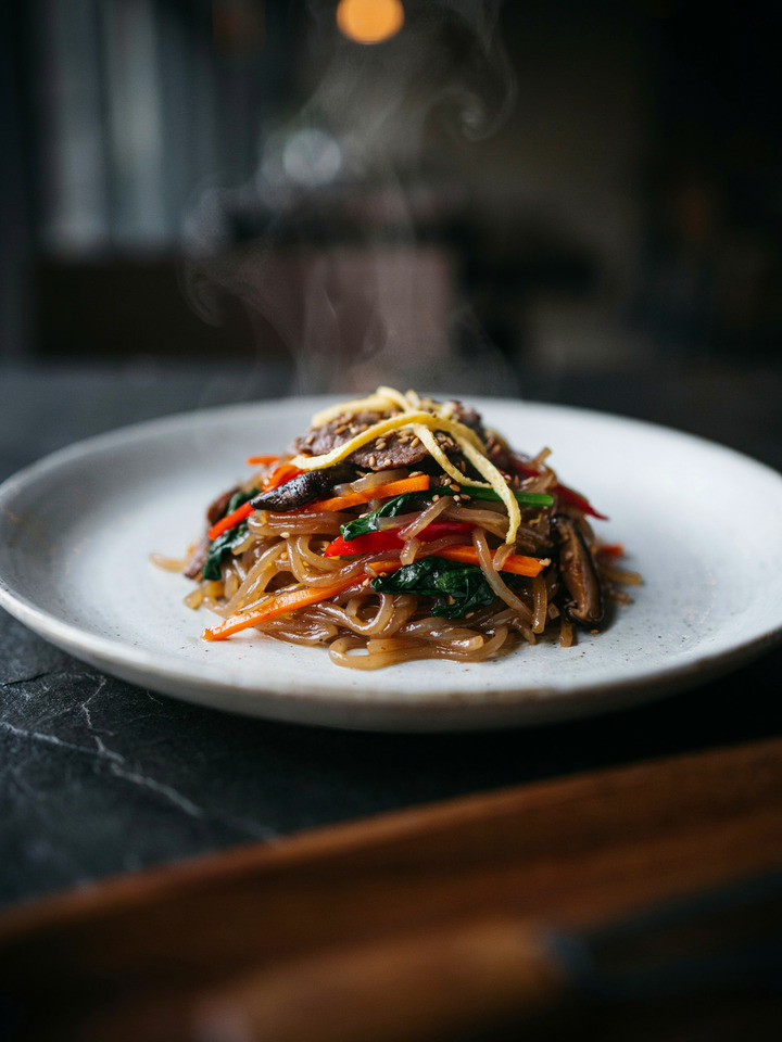 Стеклянная лапша с овощами чапче (Japchae)